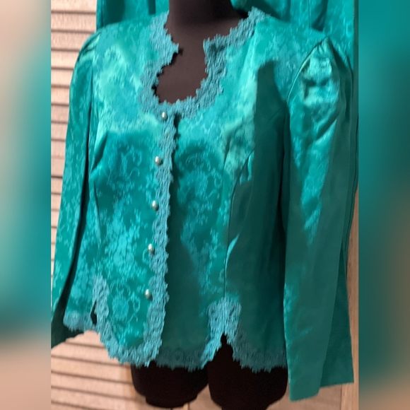 Vintage 80s Brocade Floral Embroidered Skirt Set Suit Pearl Dress Jacket Blazer - Picture 7 of 16
